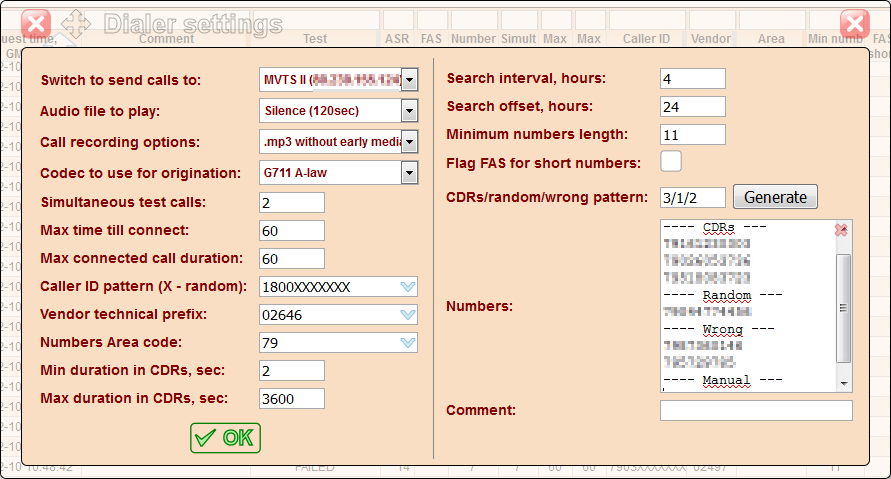 5gVision Route testing dialer, Dialer create new request