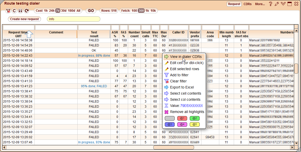 5gVision Route testing dialer, Dialer view results