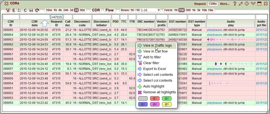 5gVision Route testing dialer, Dialer cdr view