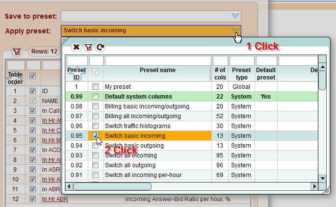 5gVision User interface, Main screen column selection
