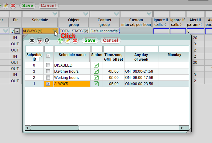 5gVision User interface, Main screen drop down table