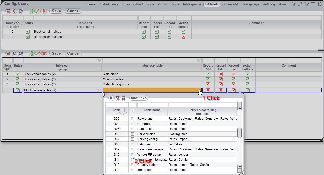 5gVision User interface, Config users table edit groups