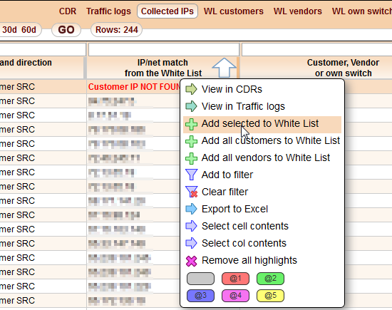 5gVision Traffic collector, Ip whitelist collected ips