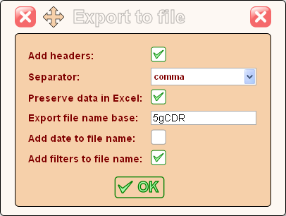 5gVision Monitoring and alerting, Cdr export dialog