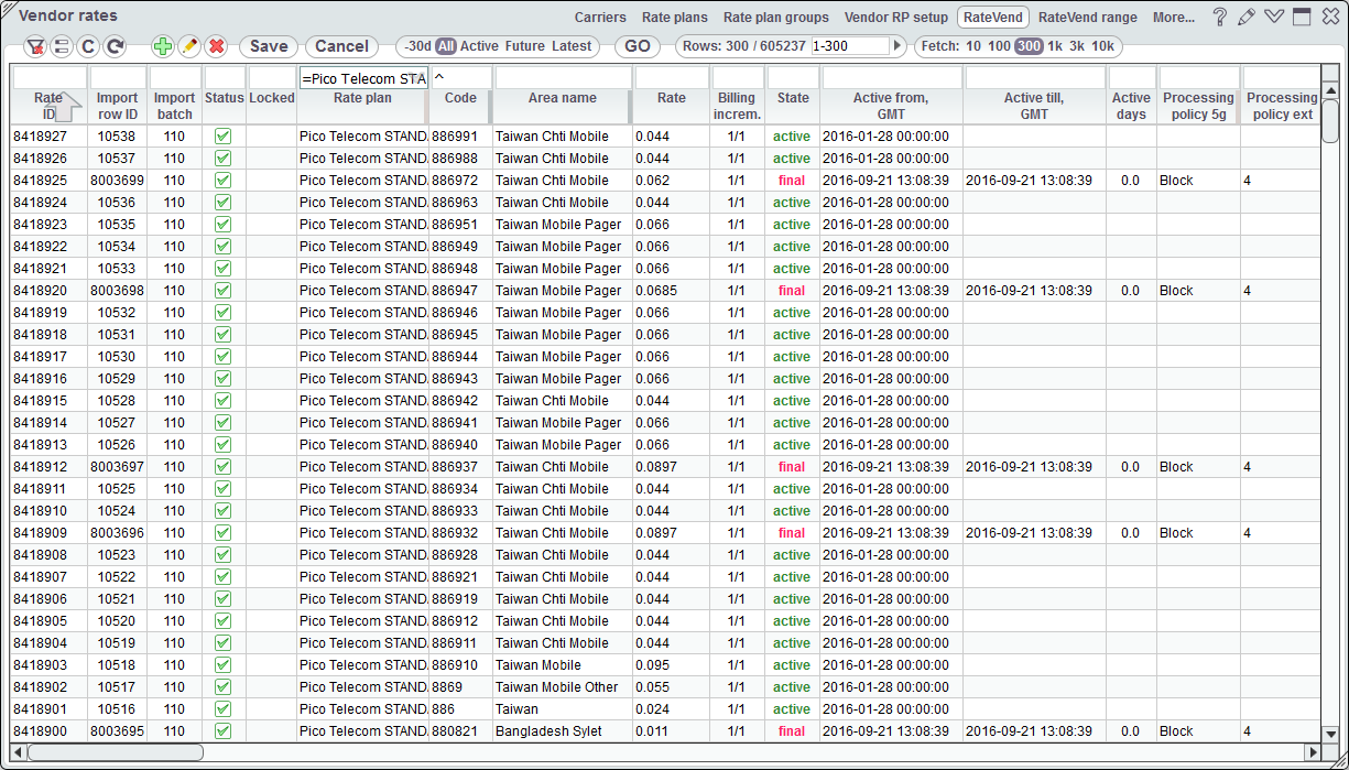 5gVision Rate management, Vendor rates