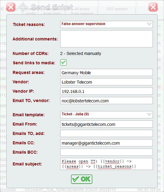 5gVision VoIP Route testing dialer Sending tickets