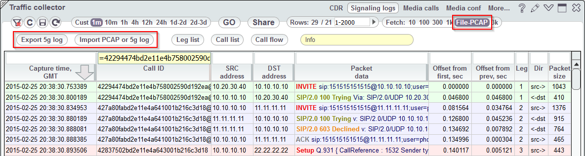 5gVision VoIP Traffic collector Export import logs